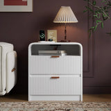 24" Fluted Nightstand with Charging Station, Wooden End Table with 2 Drawers Storage, Curved Profile Design, Modern Bedside Cabi