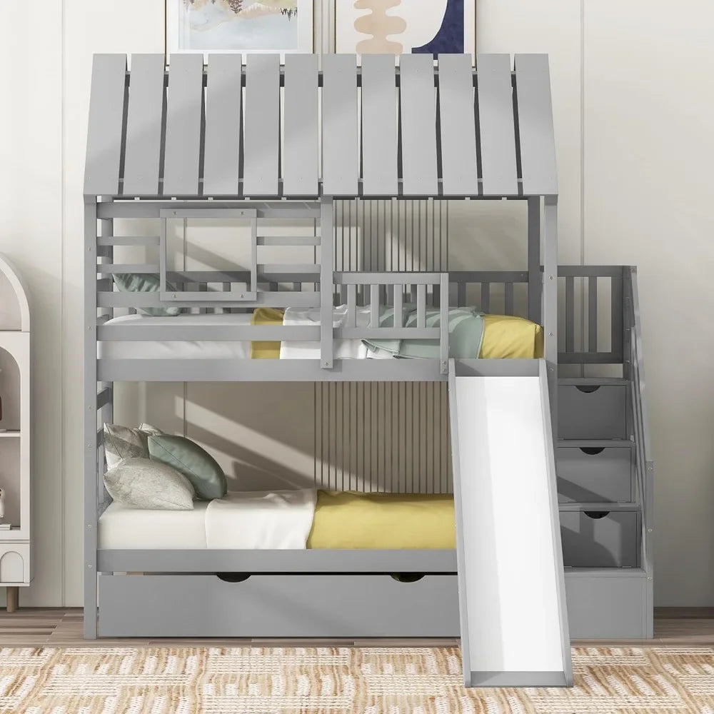 Twin Over Twin Bunk Beds for Kids with Slide, Trundle, Stairs, and Storage - Playhouse Design with Roof and Window