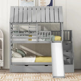 Twin Over Twin Bunk Beds for Kids with Slide, Trundle, Stairs, and Storage - Playhouse Design with Roof and Window
