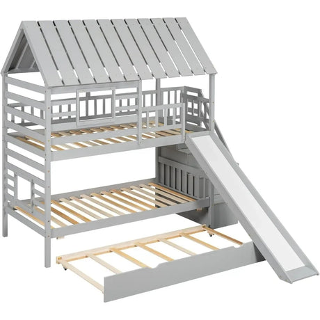 Twin Over Twin Bunk Beds for Kids with Slide, Trundle, Stairs, and Storage - Playhouse Design with Roof and Window