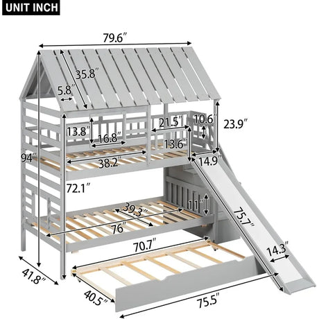 Twin Over Twin Bunk Beds for Kids with Slide, Trundle, Stairs, and Storage - Playhouse Design with Roof and Window
