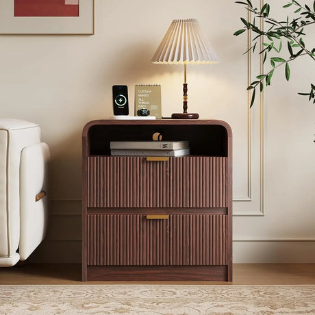 24" Fluted Nightstand with Charging Station, Wooden End Table with 2 Drawers Storage, Curved Profile Design, Modern Bedside Cabi
